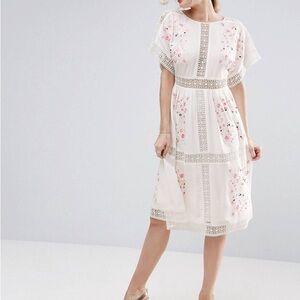 ASOS Floral Lace Trim White Midi Dress size 8
